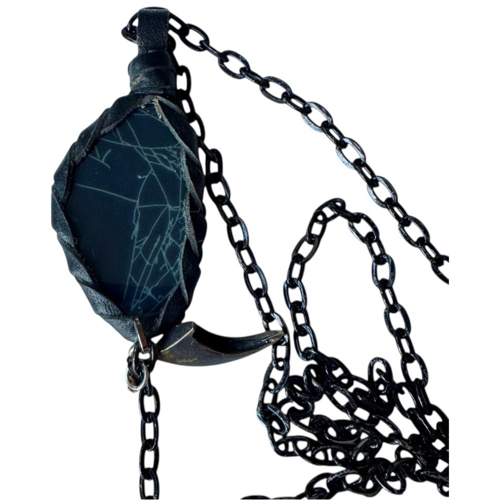 Leather Wrapped Black Stone Long Necklace Long Pendant Drop Native Boho Style - Picture 6 of 9